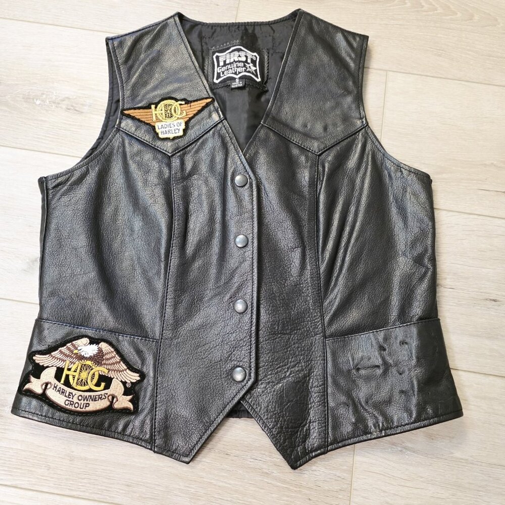 Vtg First Genuine Leather Ladies Harley Small Black Snap Button Vest Eagle Back
